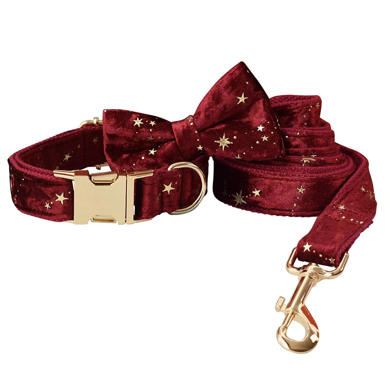 Red wine Collar Personalized Velvet Quality Fabric For Small, Medium Large Dog Custom Metal Parts Pet Accessory Star 03