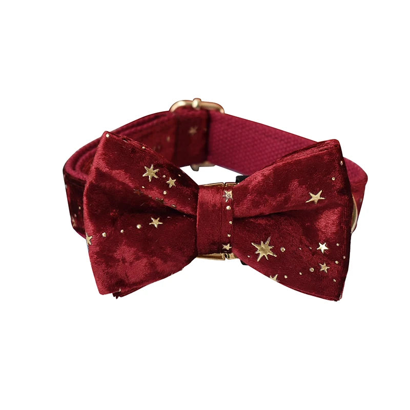 Red wine Collar Personalized Velvet Quality Fabric For Small, Medium Large Dog Custom Metal Parts Pet Accessory Star 03