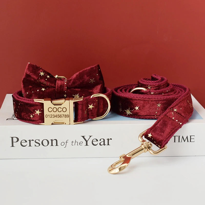 Red wine Collar Personalized Velvet Quality Fabric For Small, Medium Large Dog Custom Metal Parts Pet Accessory Star 03