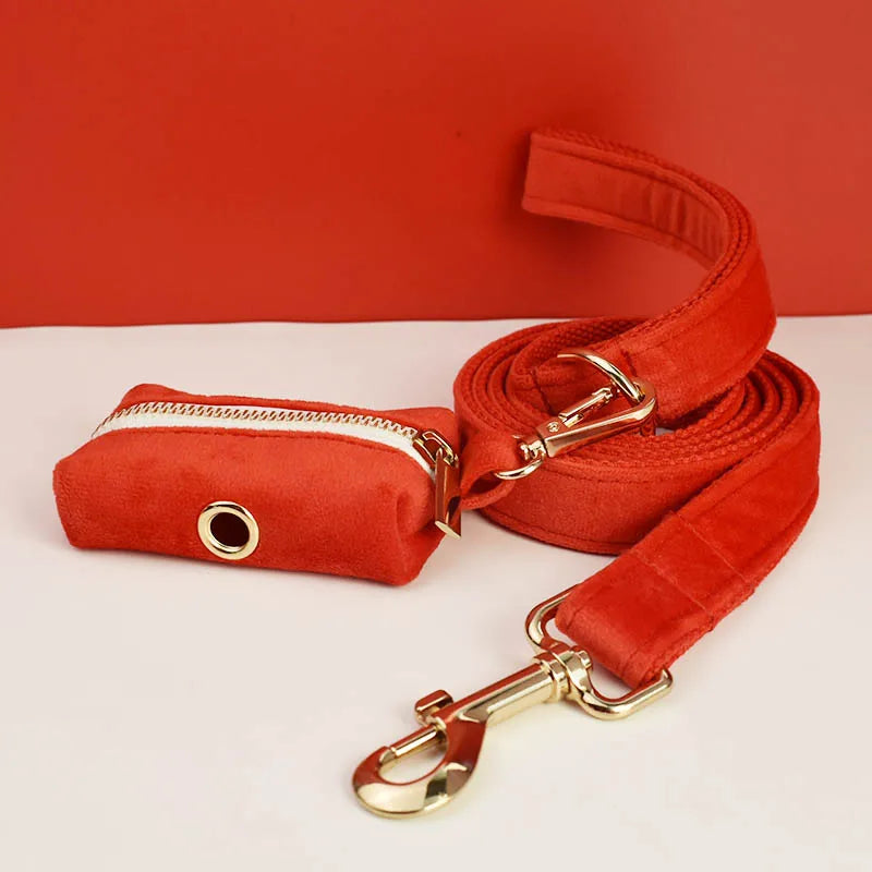 Red Velvet Dog Collar And Leash Set For Small Medium Large Dogs Custom Engraved Nameplate Pet Supplies Dog Leash Flannelette03