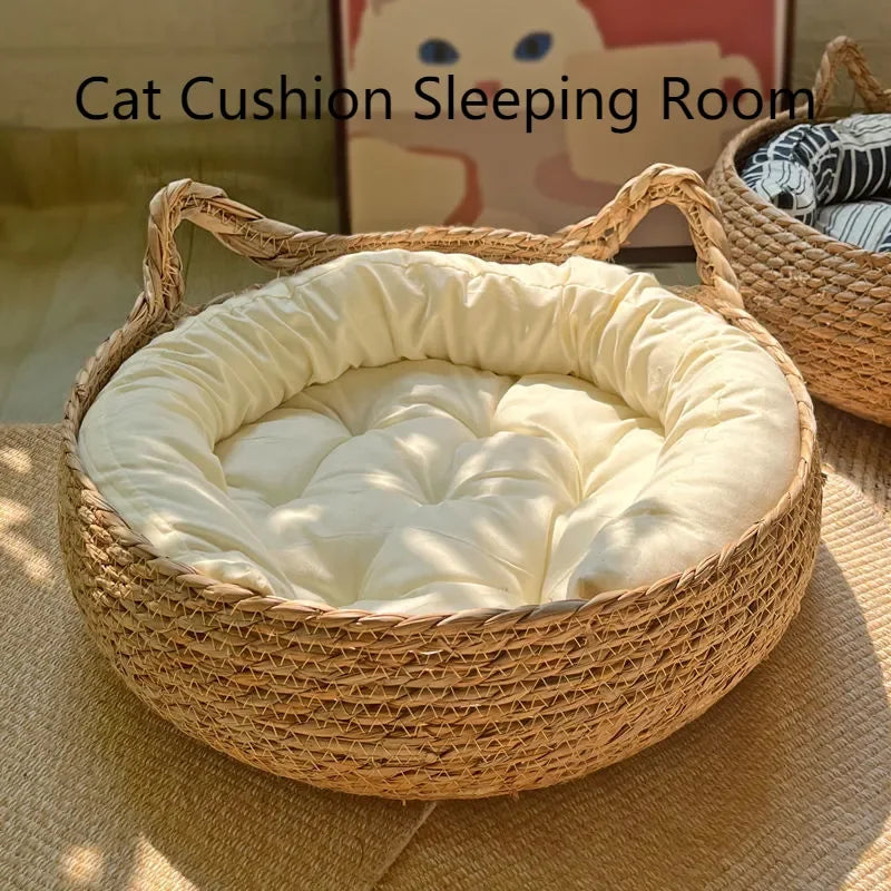 Four Seasons Universal Pure Handmade Vine Woven Cat Nest Seasonal Warmth Pad Detachable Washable Winter Pet Supplies Accessories