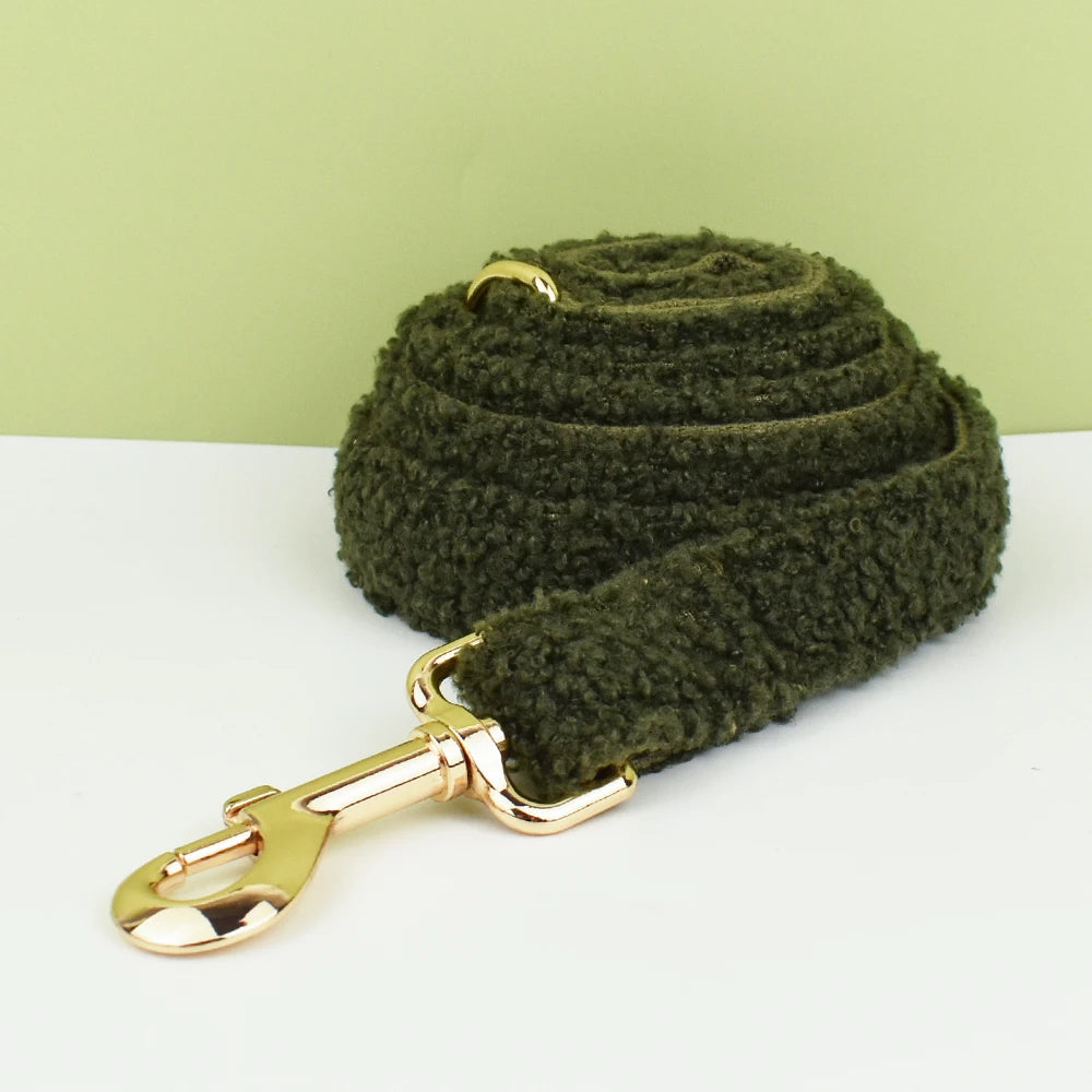 Pet dog collar Handmade necklace Pet dog supplies Woven accessories Autumn Winter Christmas set Army green lamb velvet Teddy 02