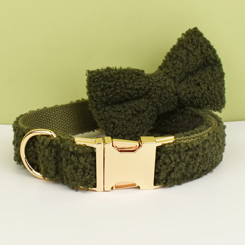 Pet dog collar Handmade necklace Pet dog supplies Woven accessories Autumn Winter Christmas set Army green lamb velvet Teddy 02