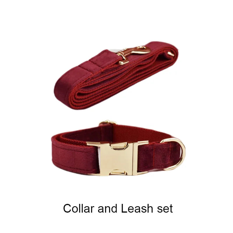 Red Wine Velvet Dog Collar And Leash Set For Large Dogs Custom Engraved Nameplate Pet Supplies Dog Leash Velvet07