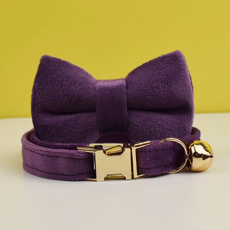 Velvet Cat Collar Personalized Customized ID Tag Kitten Collars Necklace Bell Bow tie Custom Small  Collar