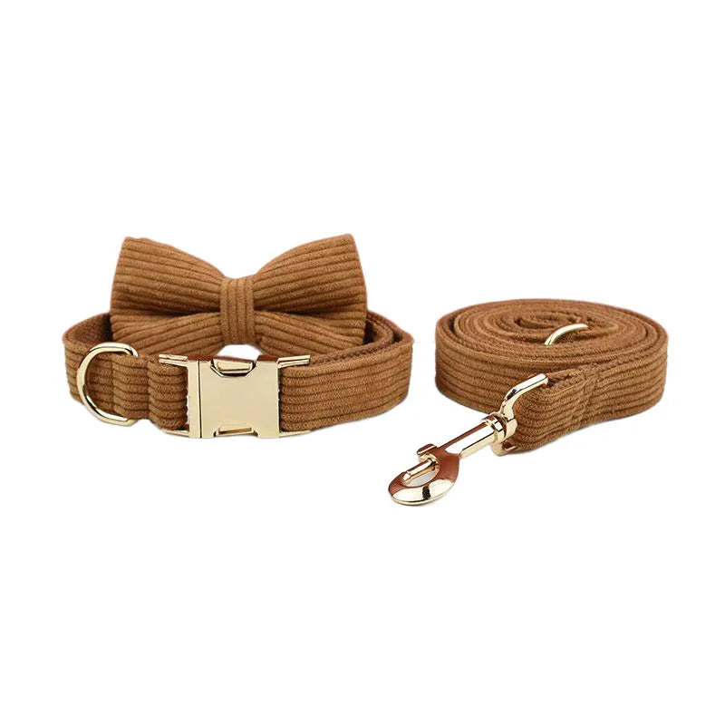 Caramel Corduroy Dog Collar And Leash Set For Dogs Custom Engraved Nameplate Pet Supplies Dog Leash Corduroy01